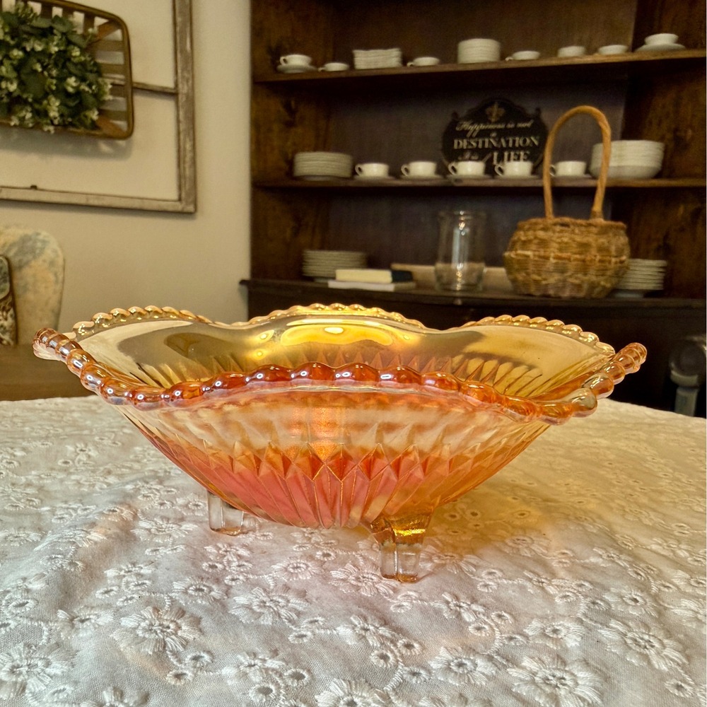 Vintage Marigold Carnival Glass Footed Bowl Scalloped Edge Iridescent 6.5"
